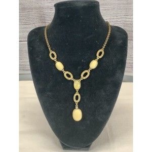 SAQ Antique Goldtone Chain Lariat Necklace with Cabachone Yellow stones